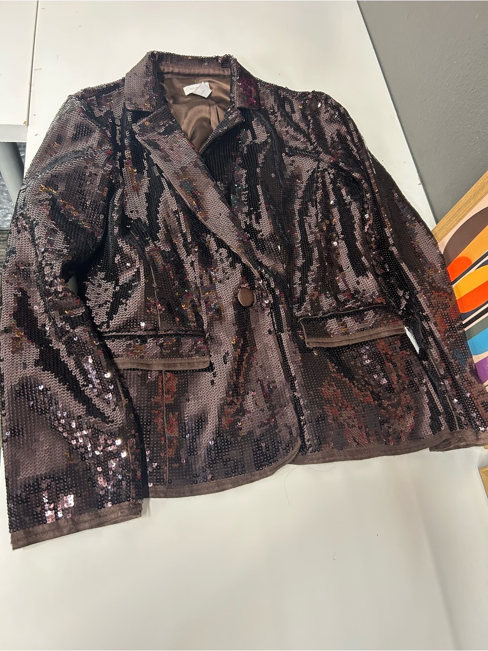 Chico’s Chocolate Bronze Sequin Jacket size 8